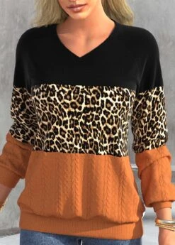 Leopard Patchwork Black V Neck Long Sleeve Sweatshirt -Rosewe Promotion Store 341425 P 1694430339823
