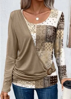 Patchwork Asymmetry Light Camel Scoop Neck T Shirt -Rosewe Promotion Store 341428 P 1693530818015