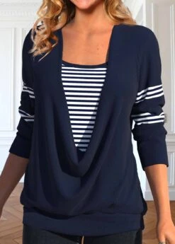 Striped Fake 2in1 Navy Square Neck T Shirt -Rosewe Promotion Store 341431 P 1693199055095