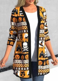 Halloween Print Long Sleeve Orange Cardigan -Rosewe Promotion Store 341434 P 1695802908078