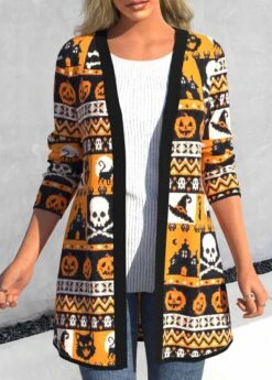 Halloween Print Long Sleeve Orange Cardigan