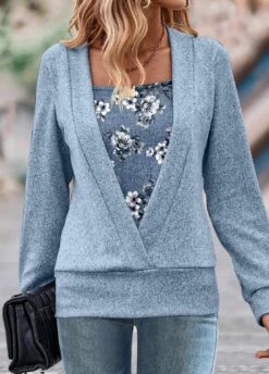 Random Floral Print Fake 2in1 Dusty Blue Sweatshirt