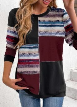 Geometric Print Patchwork Black Round Neck Sweatshirt -Rosewe Promotion Store 341488 P 1694497740757