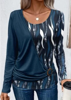 Geometric Print Patchwork Peacock Blue Scoop Neck Sweatshirt