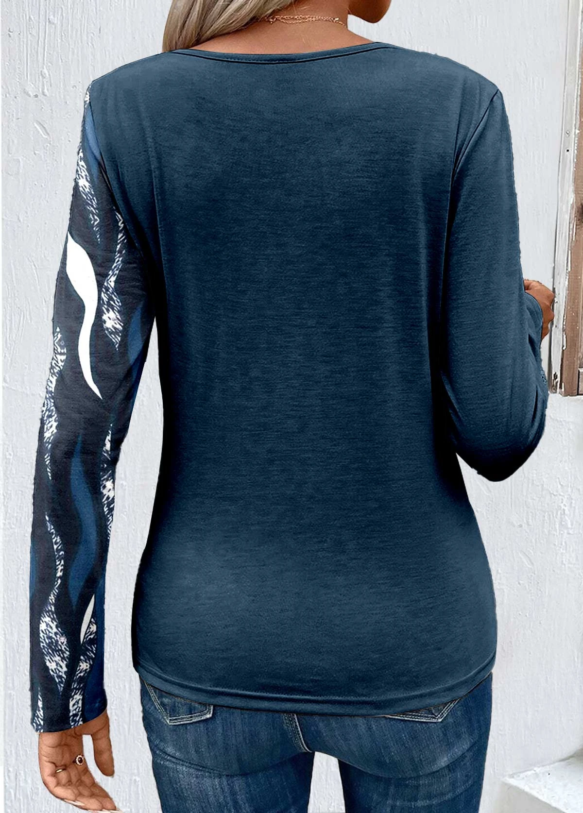 Geometric Print Patchwork Peacock Blue Scoop Neck Sweatshirt 4 Geometric Print Patchwork Peacock Blue Scoop Neck Sweatshirt - Image 2