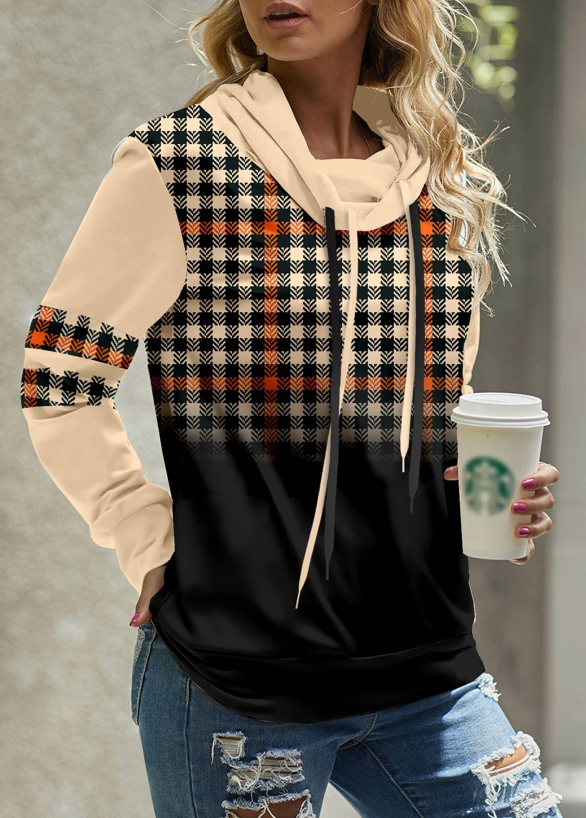 Plaid Patchwork Light Coffee Cowl Neck Sweatshirt 5 Plaid Patchwork Light Coffee Cowl Neck Sweatshirt - Image 3