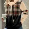 Plaid Patchwork Light Coffee Cowl Neck Sweatshirt -Rosewe Promotion Store 341510 P 1693292008703