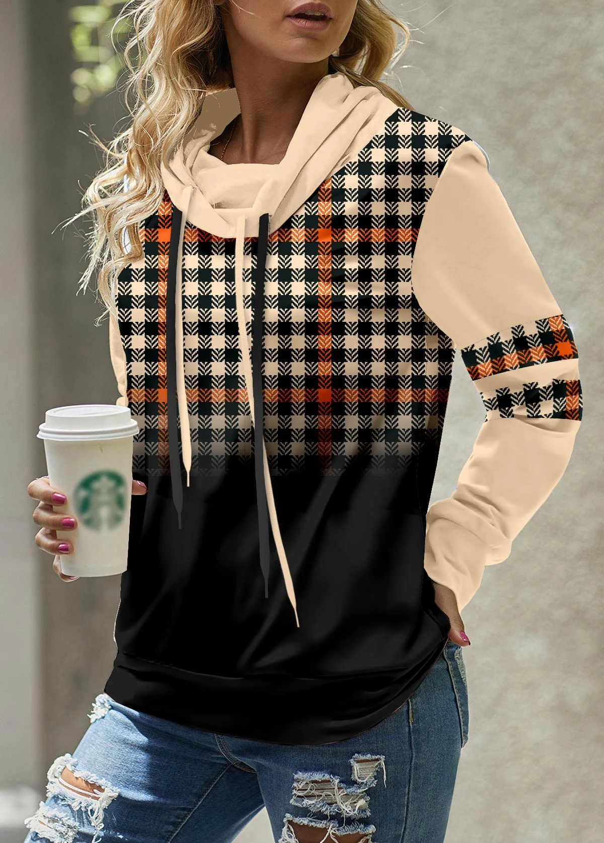 Plaid Patchwork Light Coffee Cowl Neck Sweatshirt 3 Plaid Patchwork Light Coffee Cowl Neck Sweatshirt