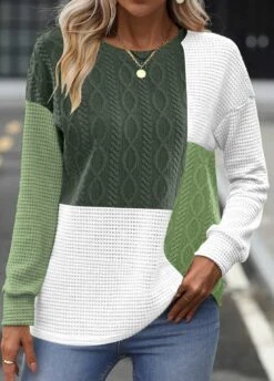 Blackish Green Round Neck Patchwork Long Sleeve Sweatshirt -Rosewe Promotion Store 341929 P 1694165755727